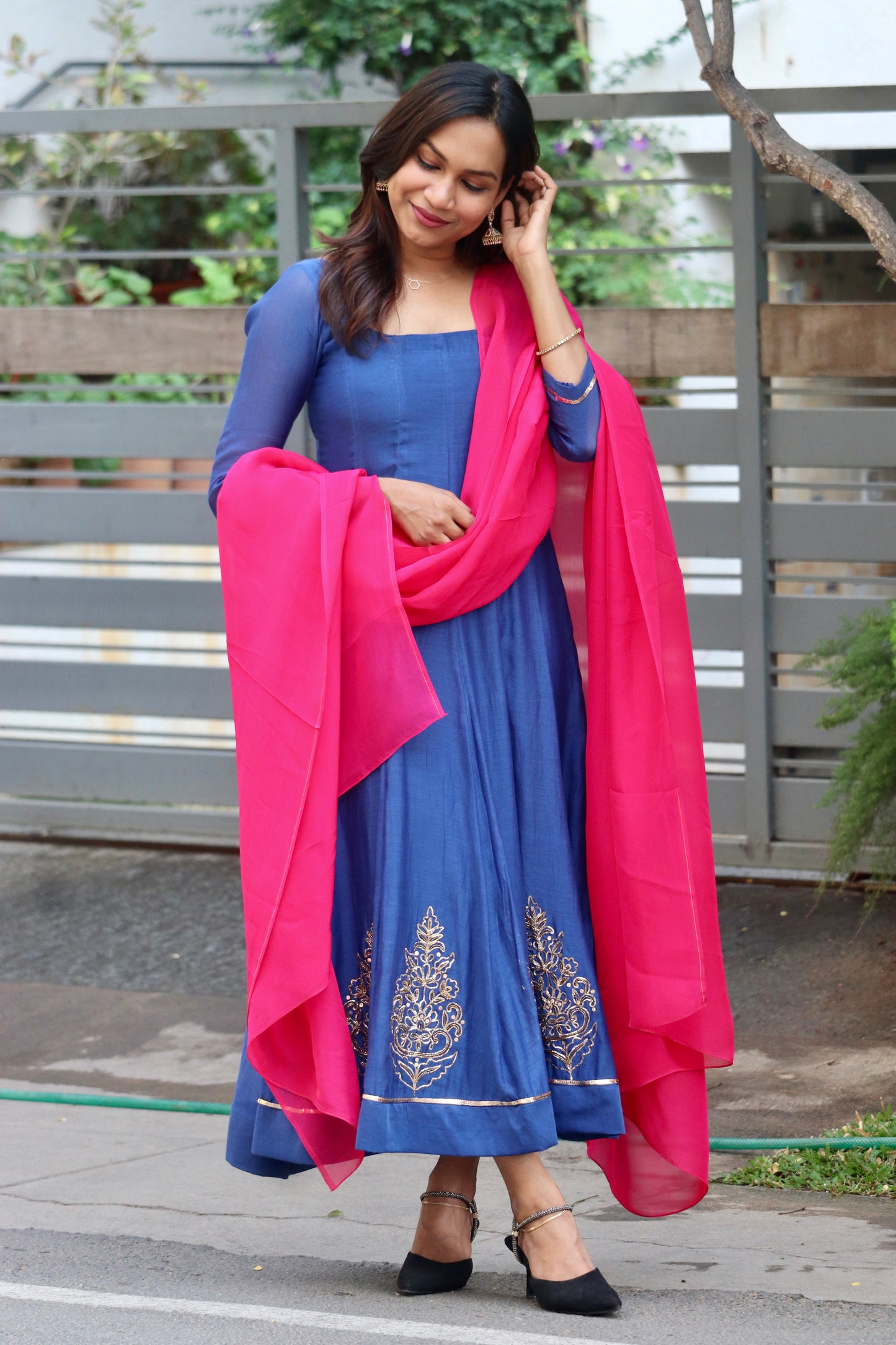 Neelika royal blue Mul Chanderi 12 panel anarkali with heavy handwork on front panels - front view