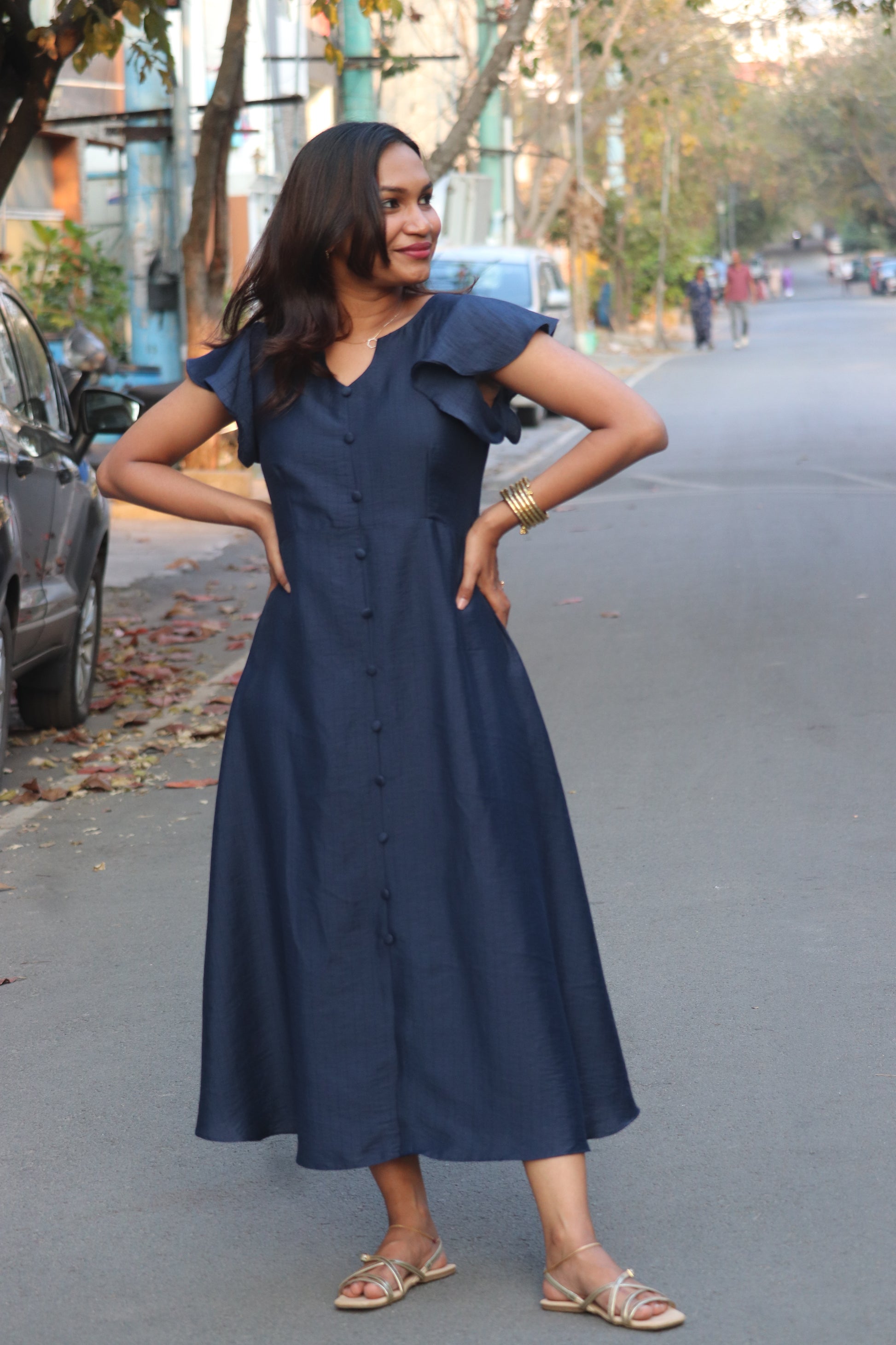 Velina cotton blend dress back view in breathable navy blue fabric