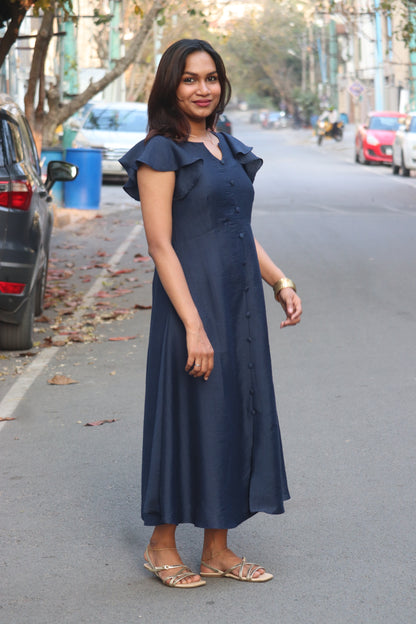 Velina navy blue midi dress side angle with umbrella sleeves