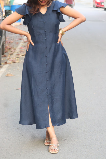 Velina fit-and-flare midi dress showing button detail and front slit