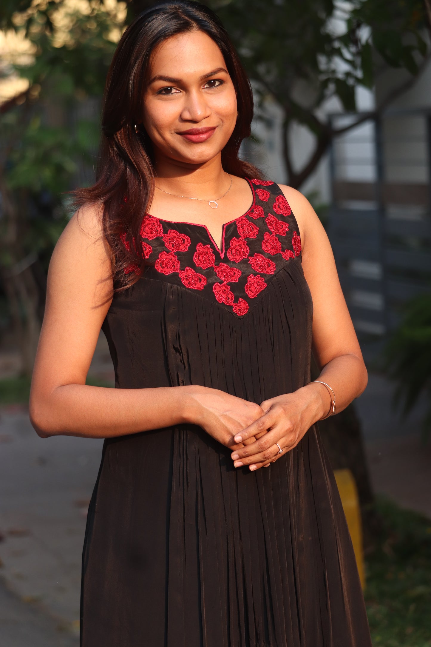 Noorika crepe silk A-line kurti detail of fabric texture and colour blocking