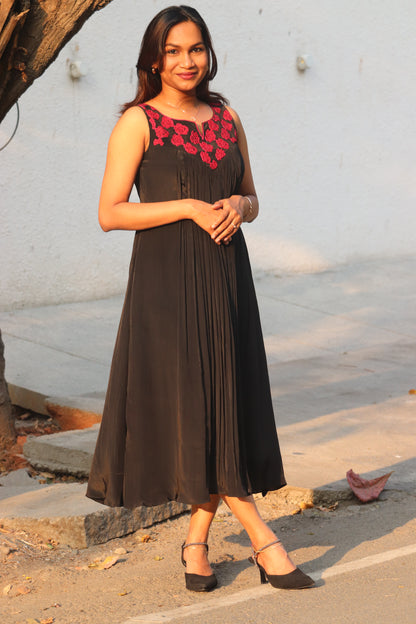 Noorika red and black kurti full-length styled view with crepe lining