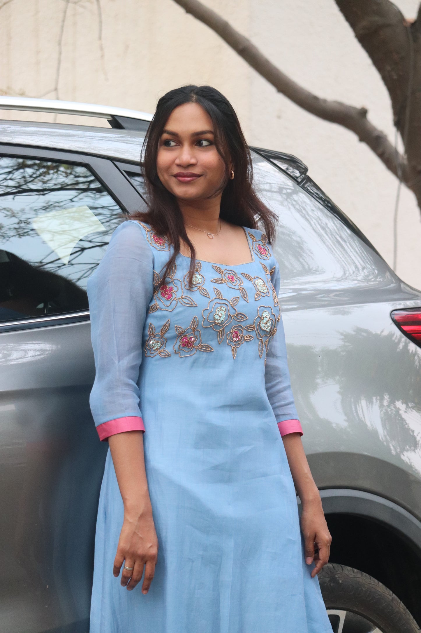 Lilora – Handworked Sky Blue Mul Chanderi Kurti