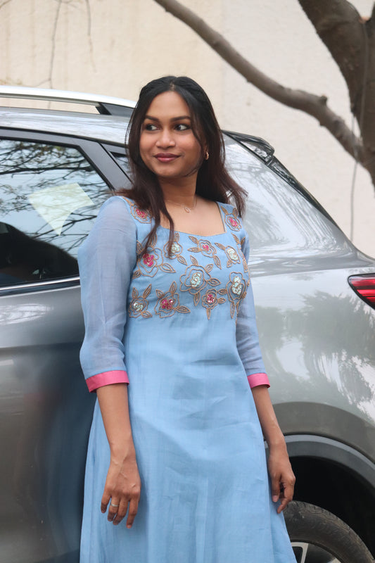 Lilora – Handworked Sky Blue Mul Chanderi Kurti