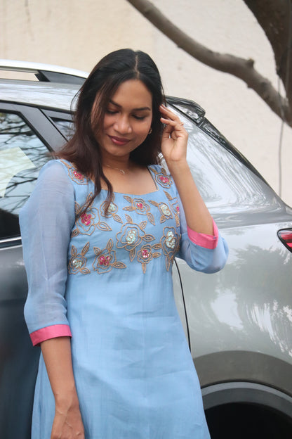 Lilora – Handworked Sky Blue Mul Chanderi Kurti