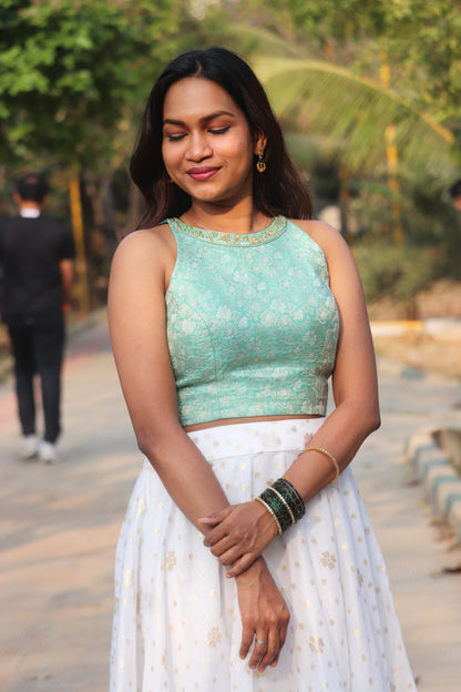Nila aqua green brocade top and Chanderi umbrella skirt set full-length styled view