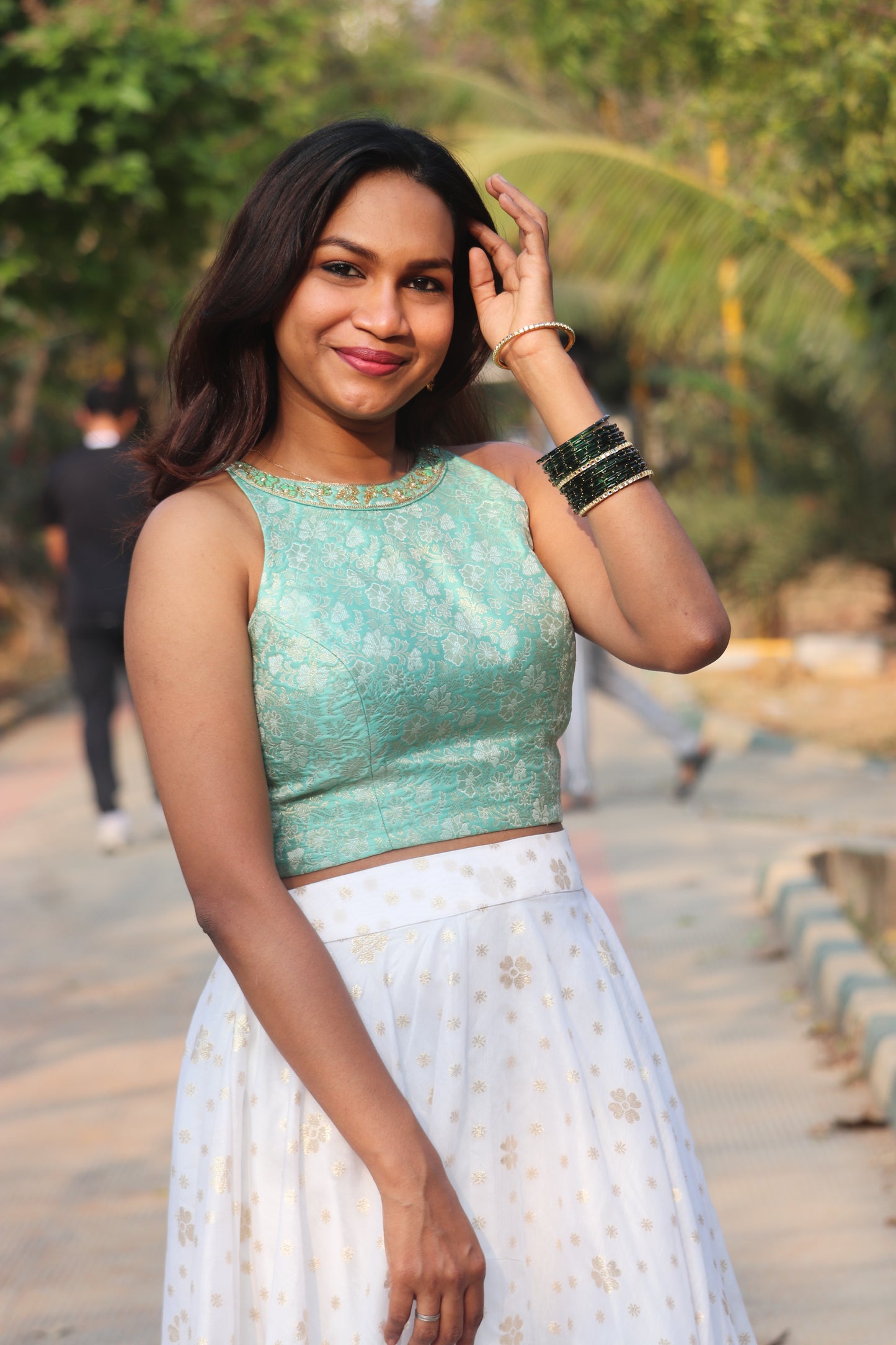 Nila aqua green and white skirt and top set with brocade blouse and Chanderi umbrella skirt - front view