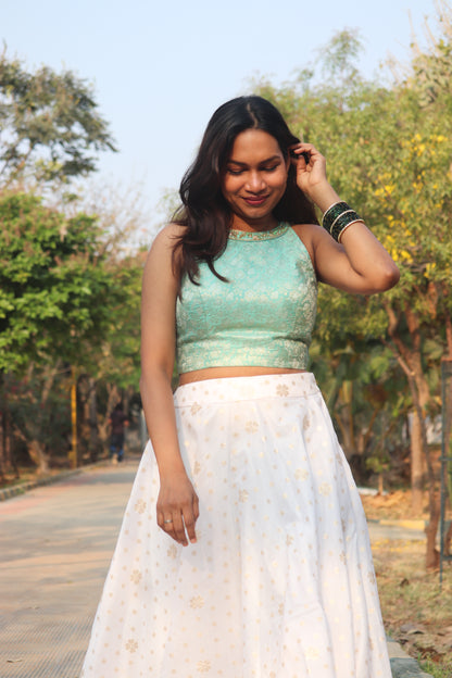 Nila aqua green and white set detail of Chanderi fabric and minimal motifs