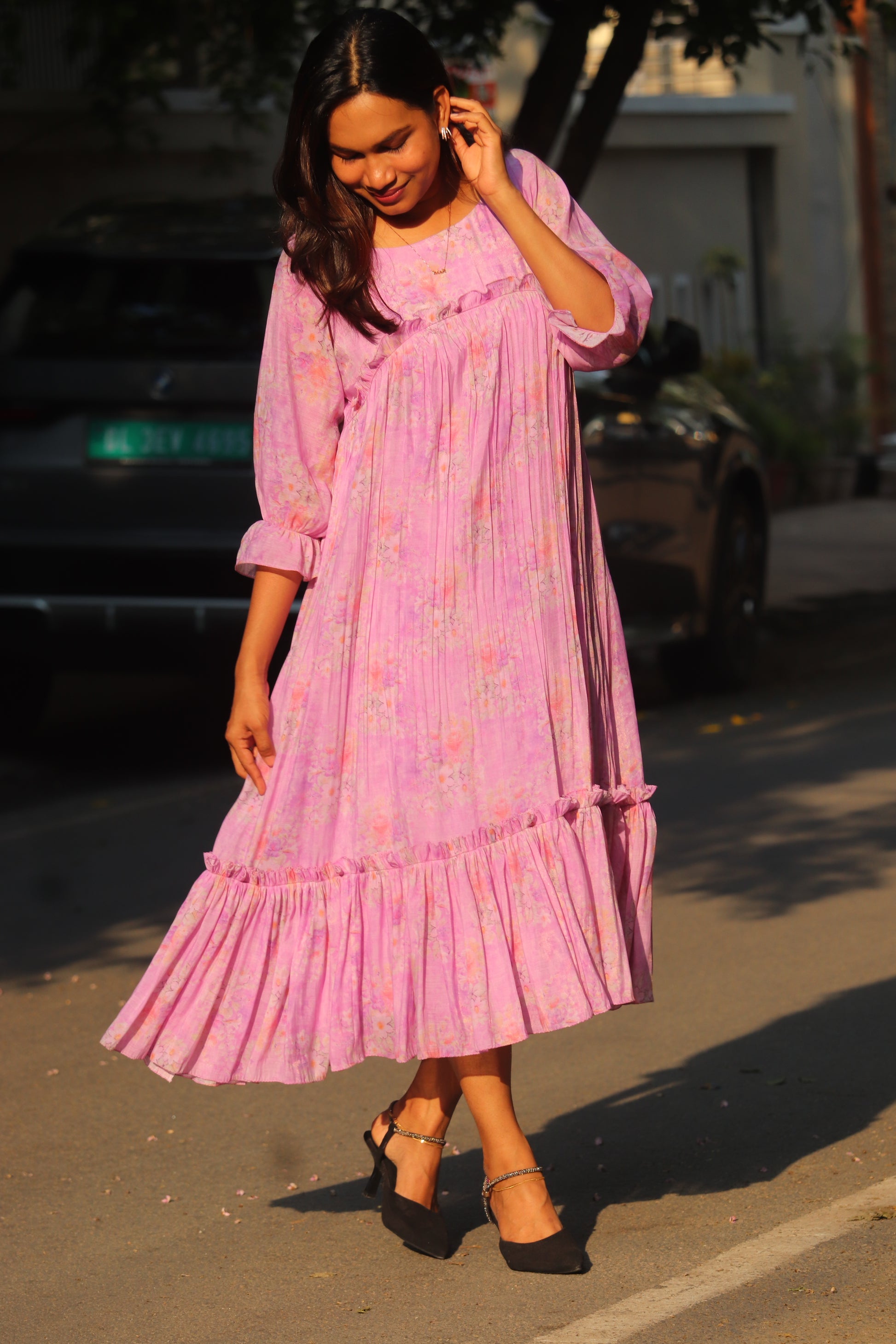 Flowing lavender chanderi dress with floral prints and elegant drape