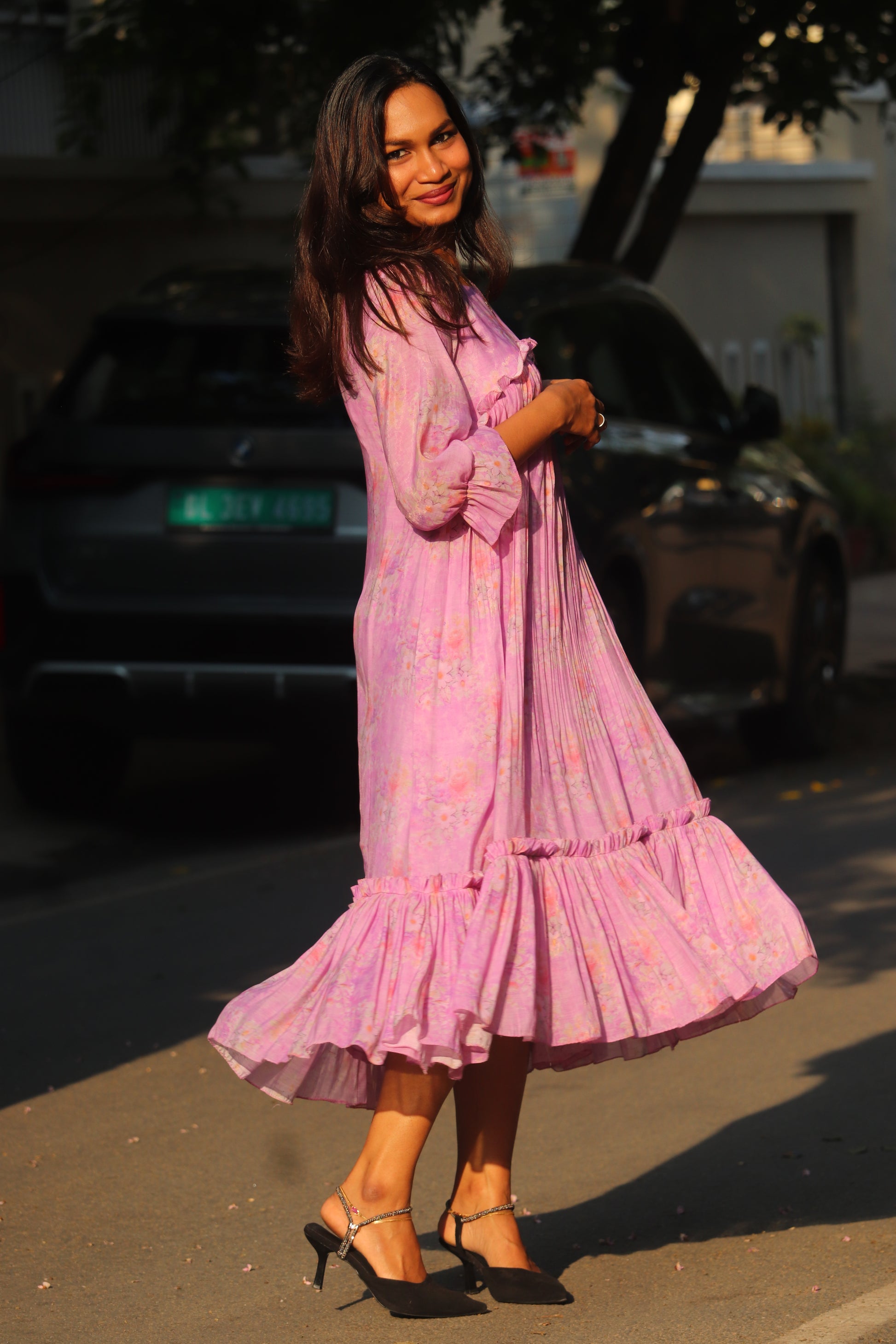BlushBae lavender floral tiered dress in mul chanderi fabric side view
