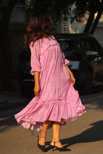 Lavender chanderi floral tier dress for women with boat neckline and flowy silhouette