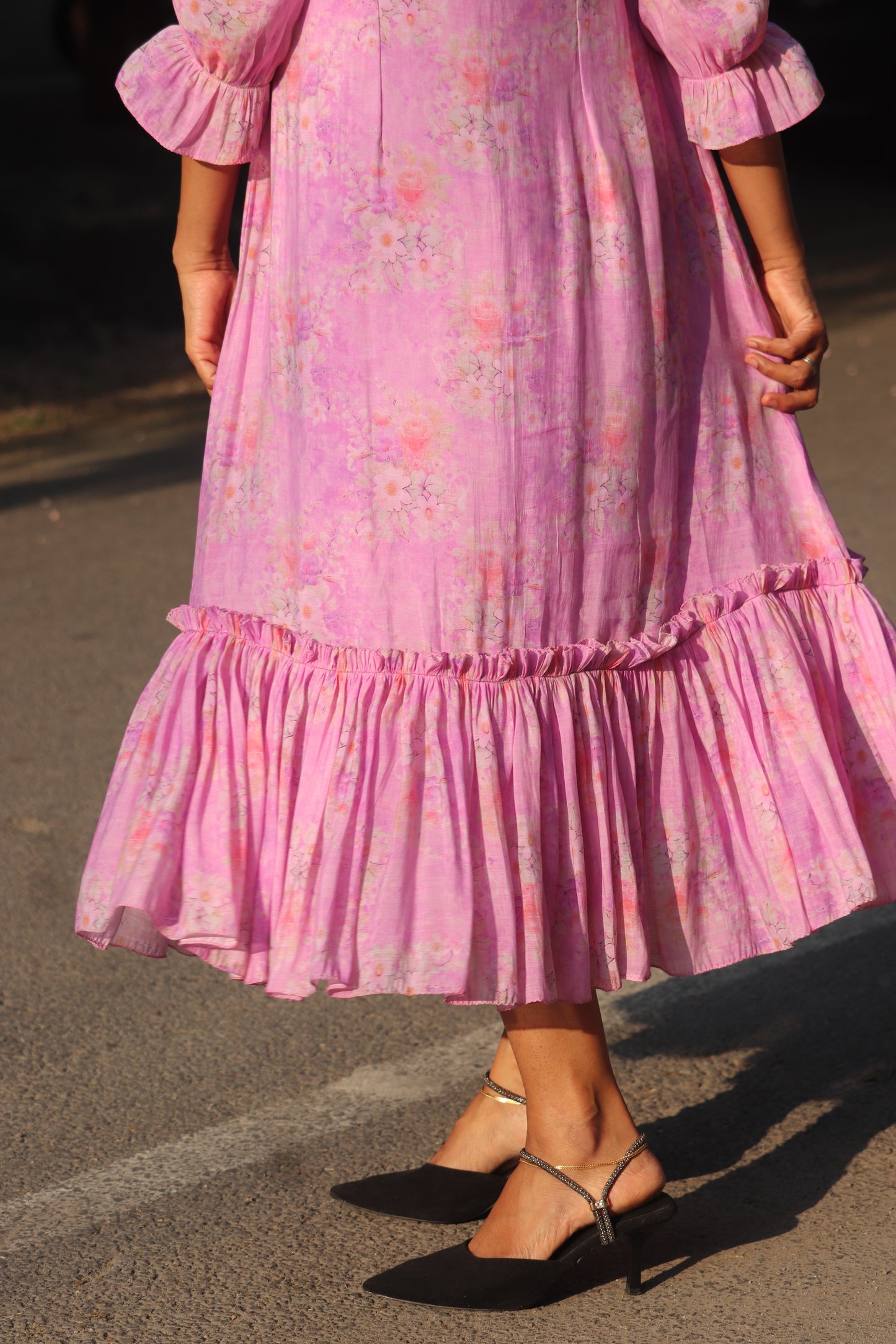 Flowing lavender chanderi dress with floral prints and elegant drape