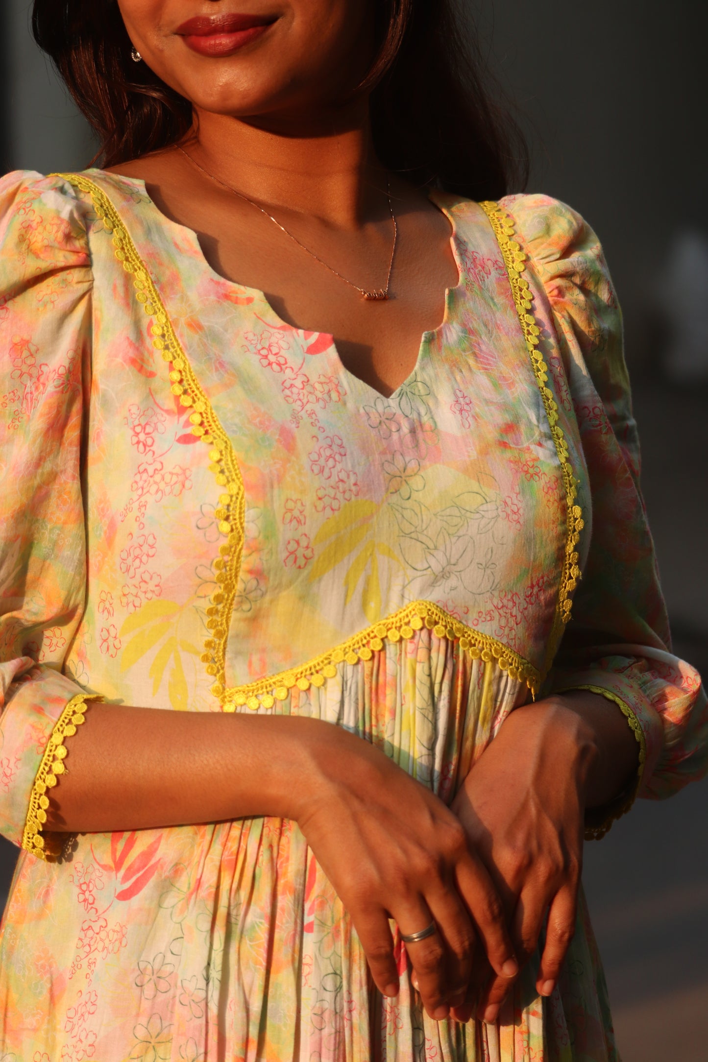 Zehra multicolor floral cotton 3 panel kurti with centre gathers and puff sleeves - front view