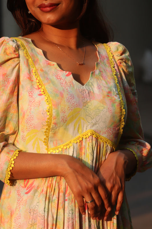 Zehra multicolor floral cotton 3 panel kurti with centre gathers and puff sleeves - front view
