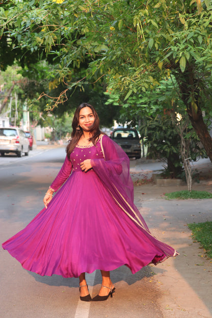 Dark purple festive Anarkali gown with flared umbrella silhouette