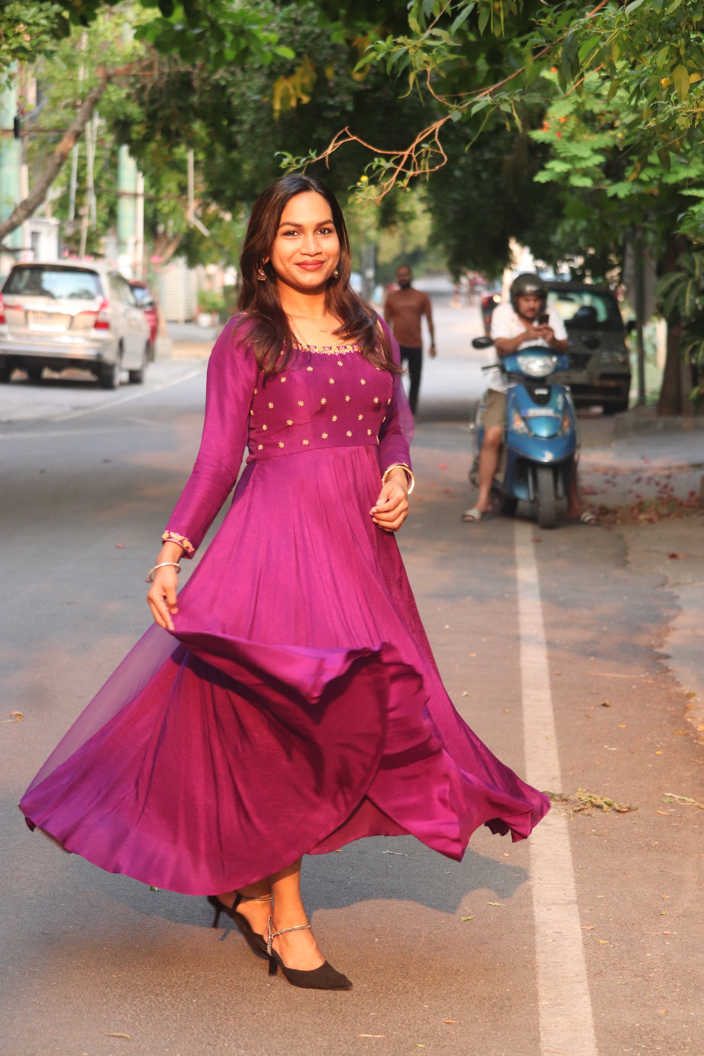 Ziyana dark purple handworked umbrella Anarkali dress with dupatta in Russian silk