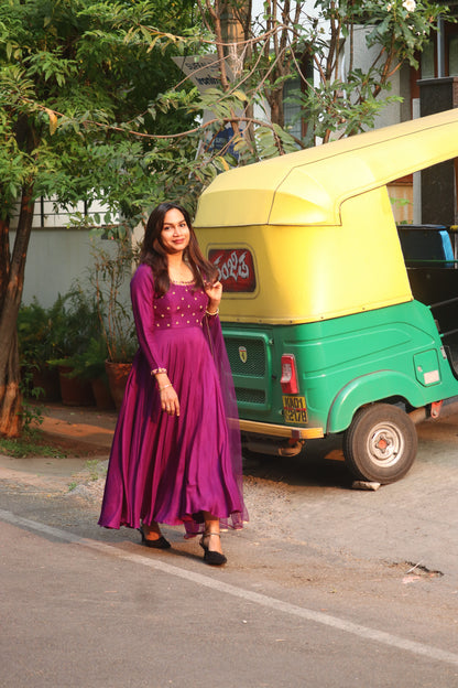 Elegant purple Russian silk Anarkali dress for festive and wedding wear