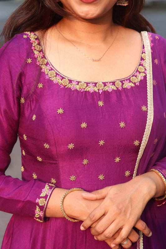 Detailed yoke handwork on Ziyana umbrella Anarkali in dark purple shade