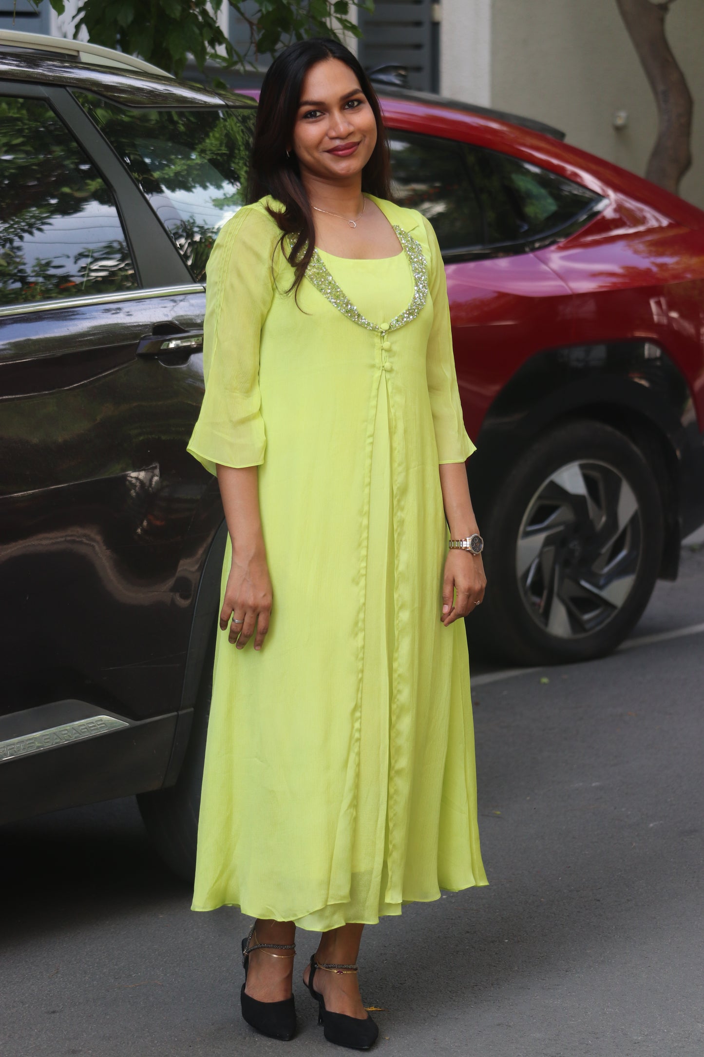 Seyara – Lime Green Handworked A-Line Kurti