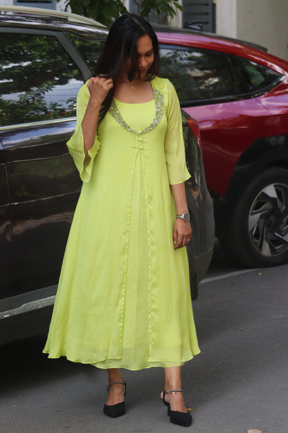 Seyara – Lime Green Handworked A-Line Kurti