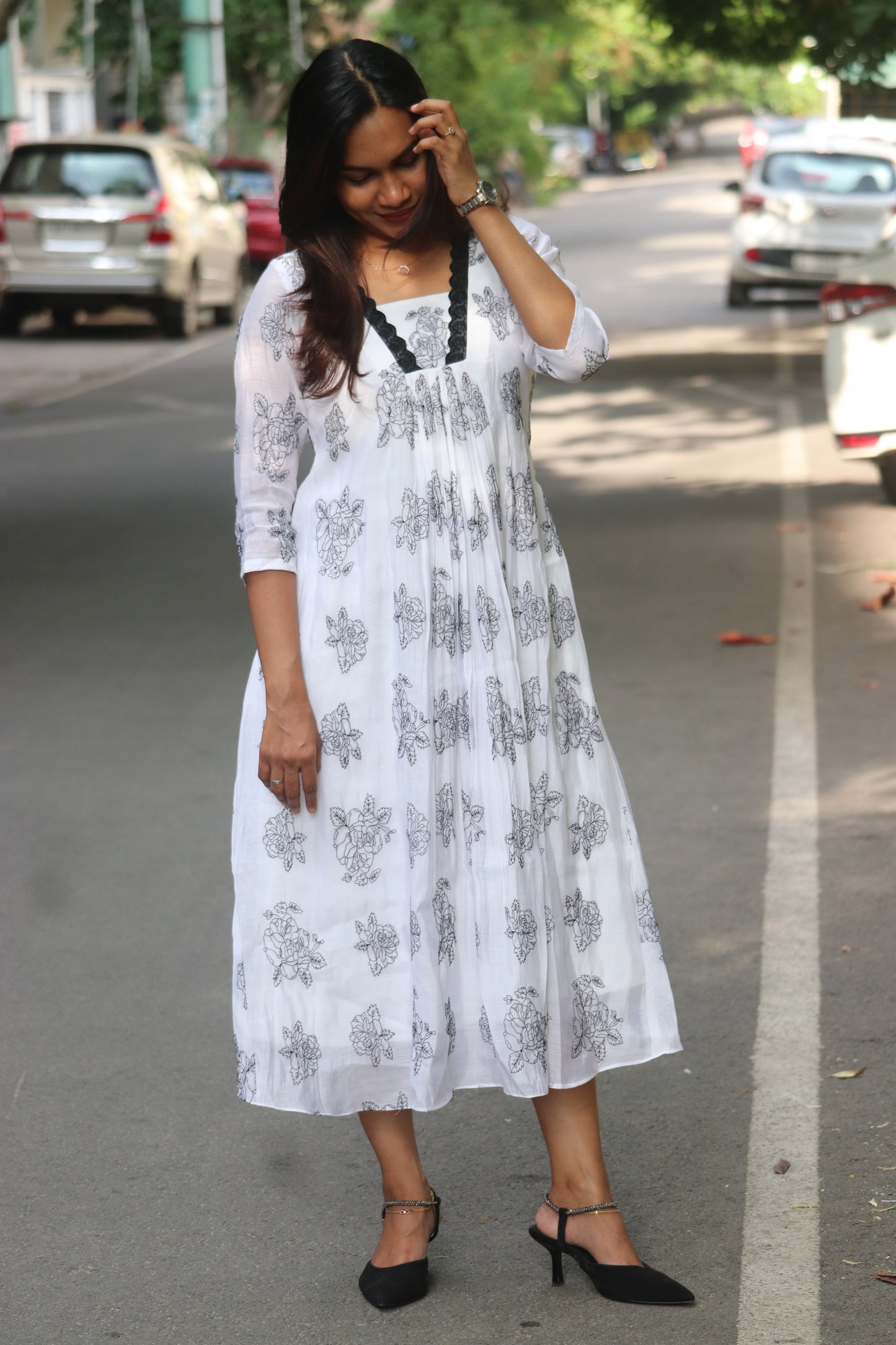 Elyra – Black & White Mul Chanderi A-Line Kurti