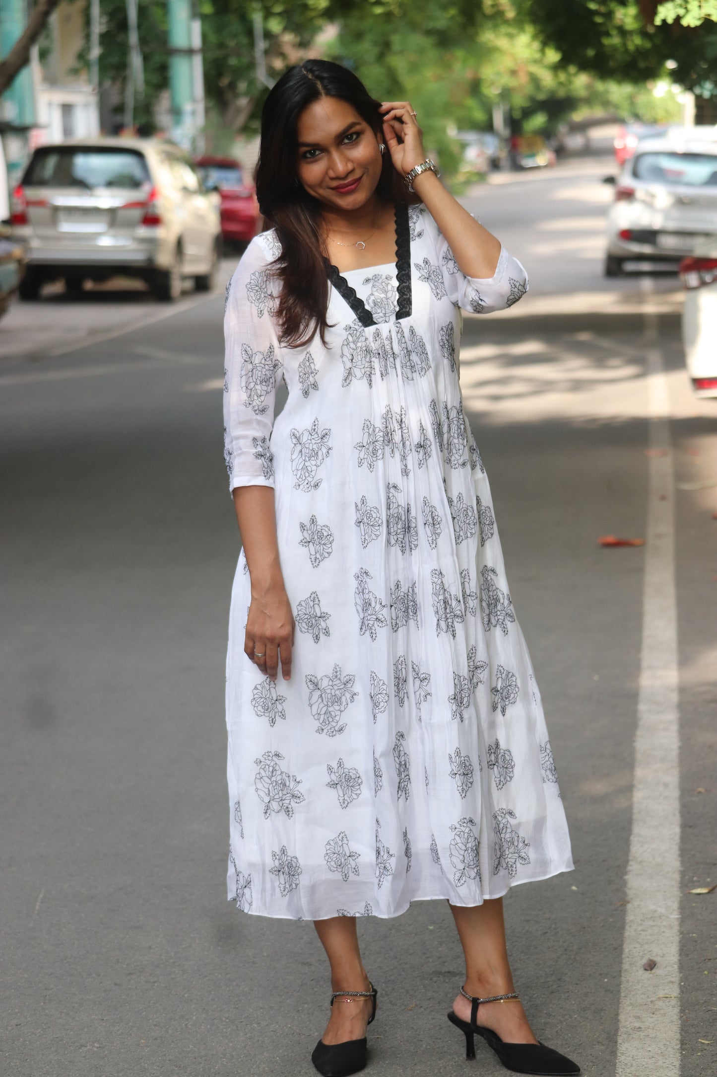 Elyra – Black & White Mul Chanderi A-Line Kurti