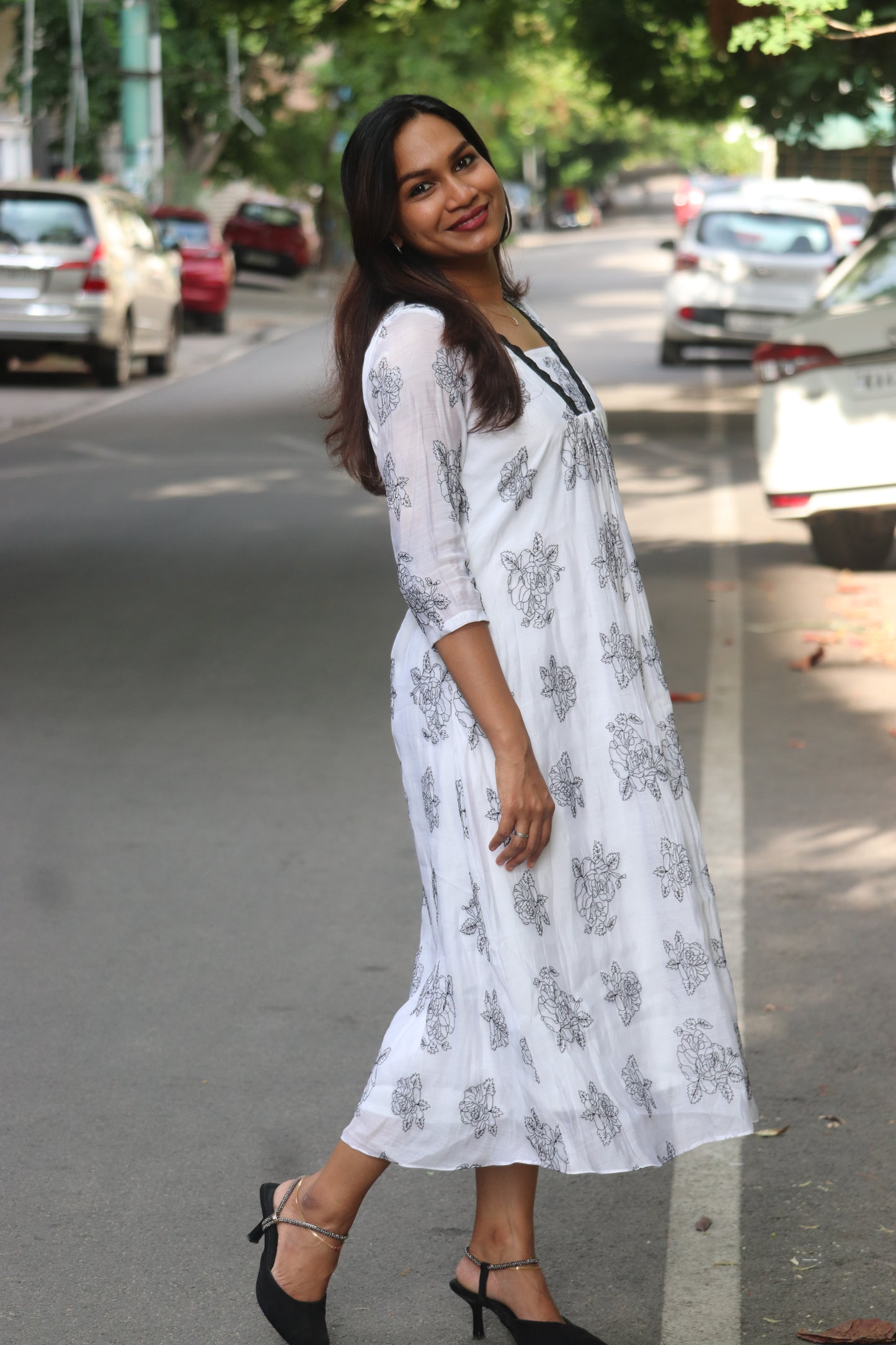 Elyra – Black & White Mul Chanderi A-Line Kurti