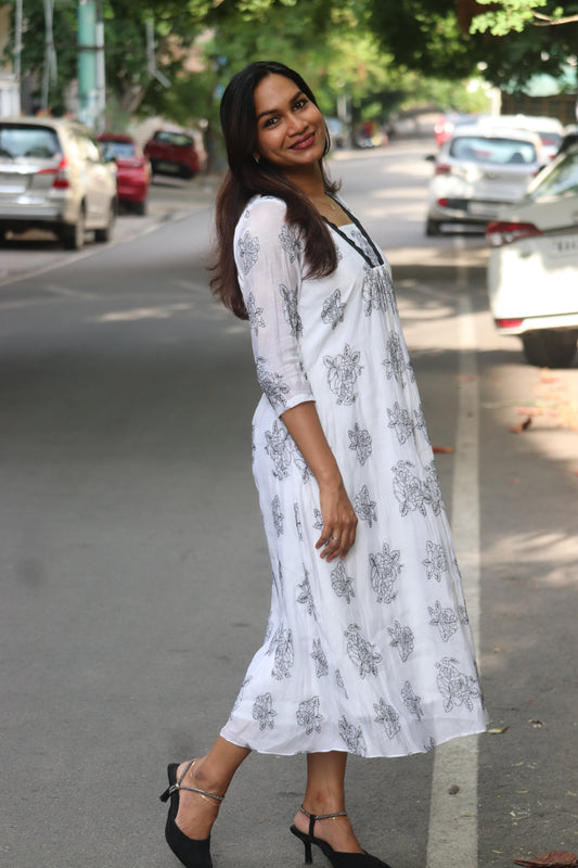 Elyra – Black & White Mul Chanderi A-Line Kurti