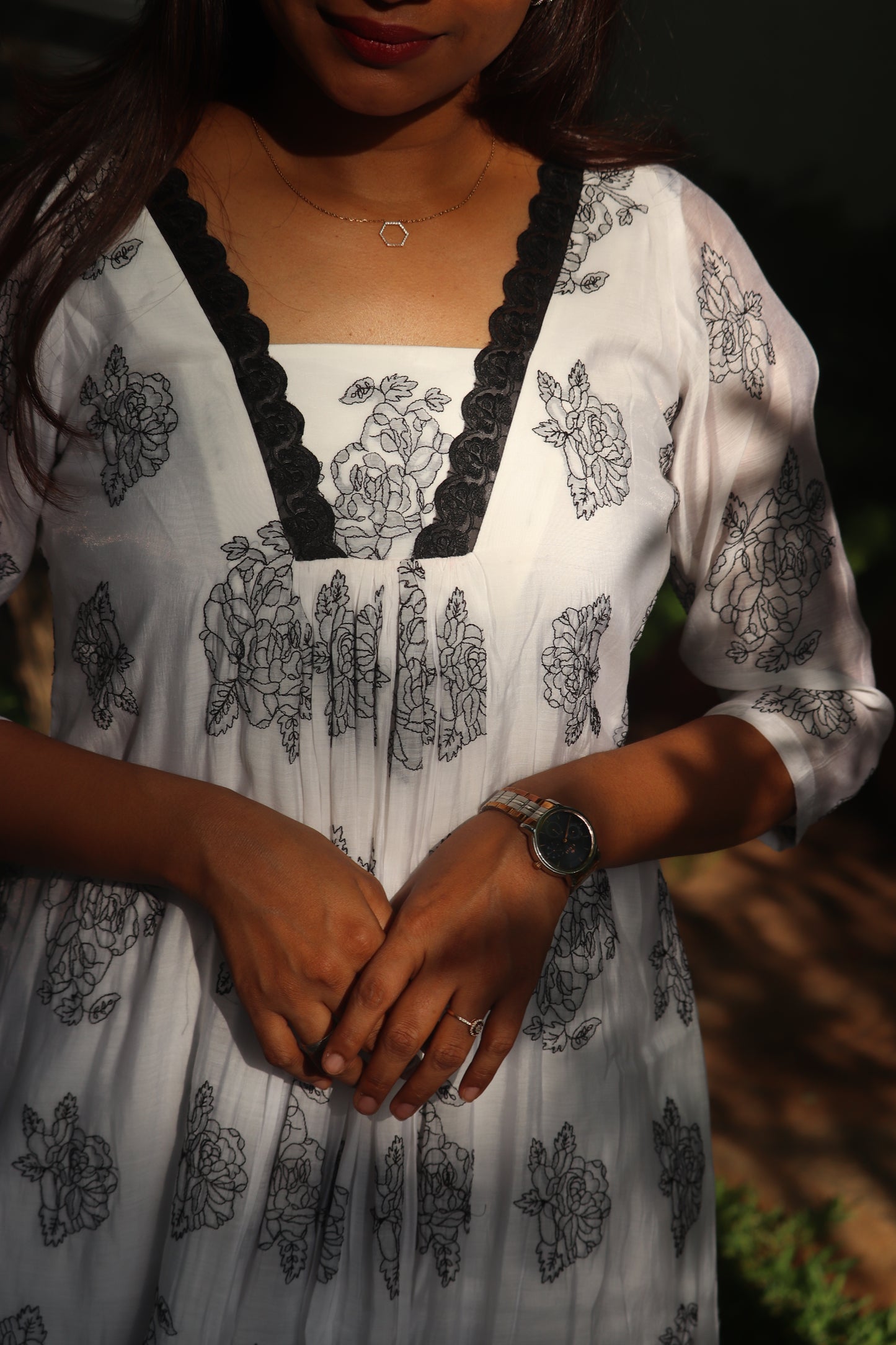 Elyra – Black & White Mul Chanderi A-Line Kurti