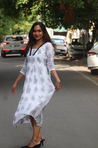 Elyra – Black & White Mul Chanderi A-Line Kurti