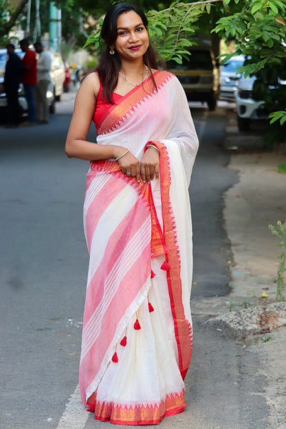 Mridula – Off White Mul Cotton Kerala Saree with Red Border