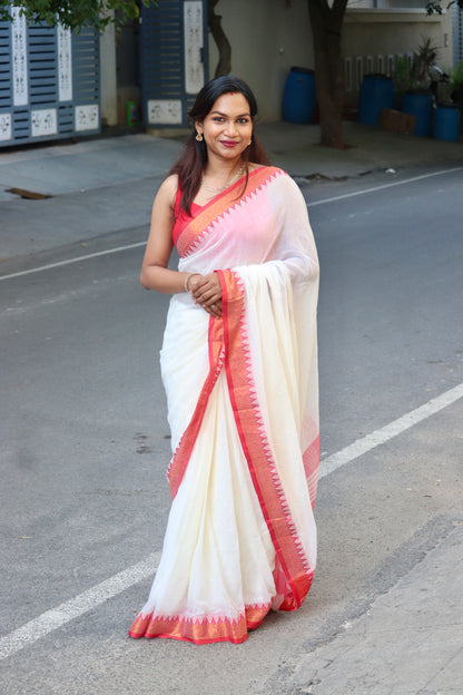 Mridula – Off White Mul Cotton Kerala Saree with Red Border