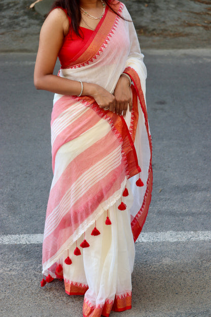Mridula – Off White Mul Cotton Kerala Saree with Red Border