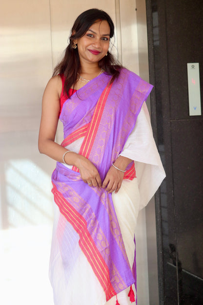 Neeraja – White Mul Cotton Kerala Saree with Lavender Zari Border