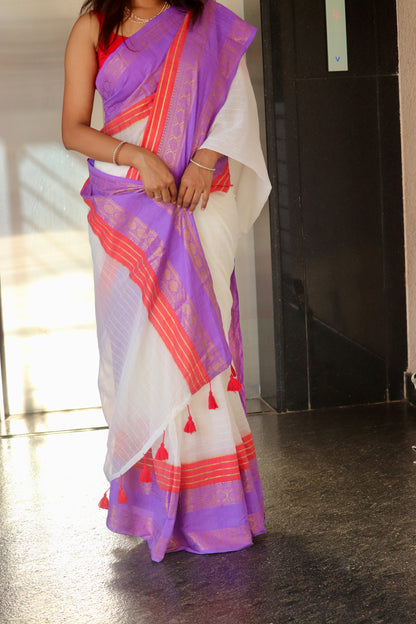 Neeraja – White Mul Cotton Kerala Saree with Lavender Zari Border