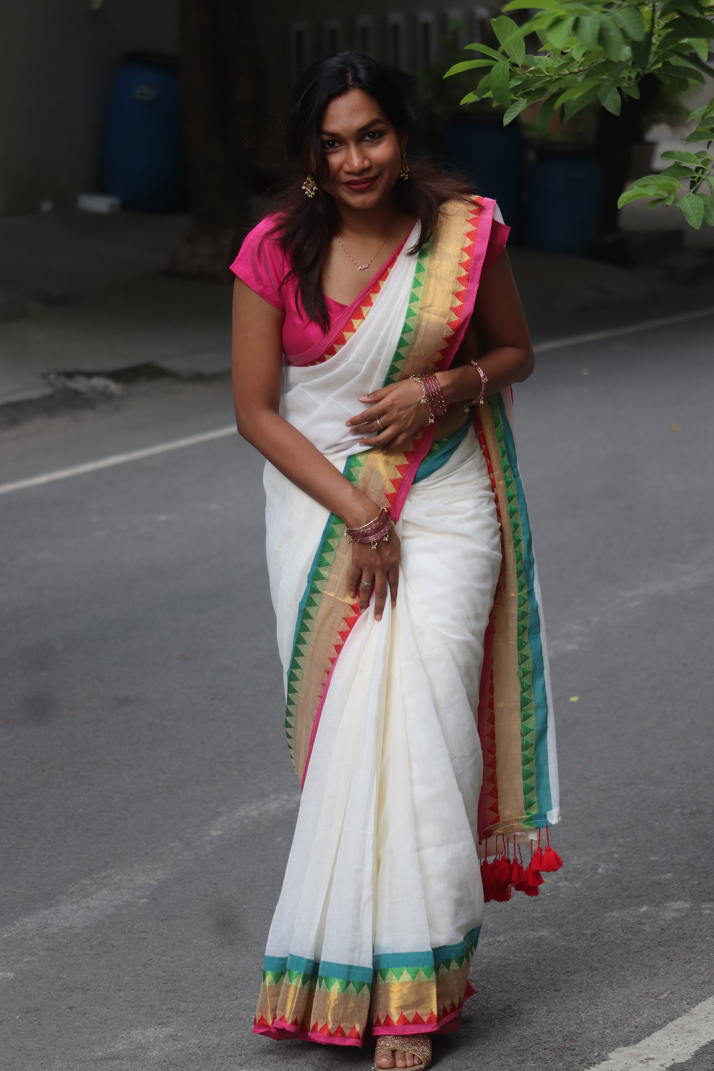 Madhuram - Mul Cotton Saree with Multicolour Temple Border