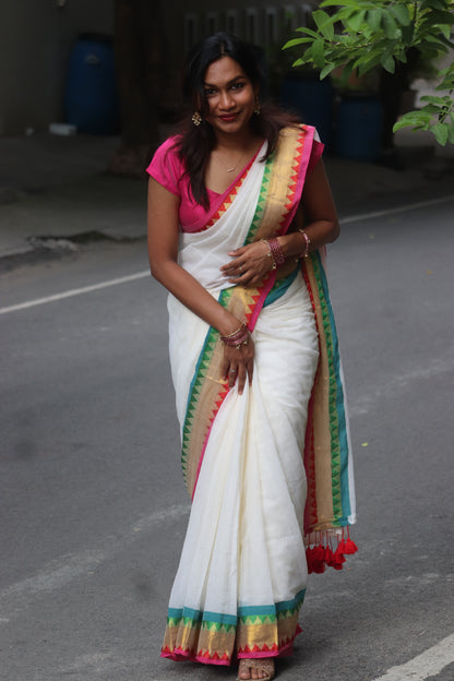 Madhuram - Mul Cotton Saree with Multicolour Temple Border