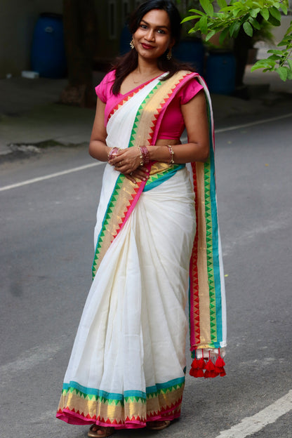 Madhuram - Mul Cotton Saree with Multicolour Temple Border