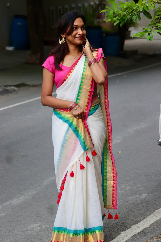 Madhuram - Mul Cotton Saree with Multicolour Temple Border