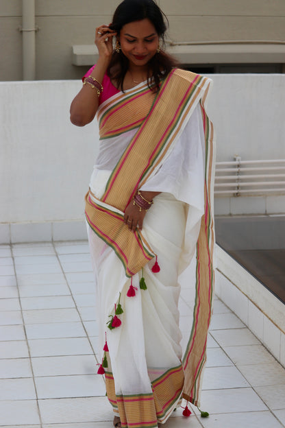 Varnika - Mul Cotton Saree with Multicolour Woven Border