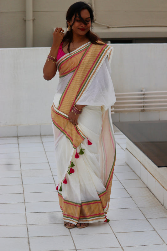Varnika - Mul Cotton Saree with Multicolour Woven Border