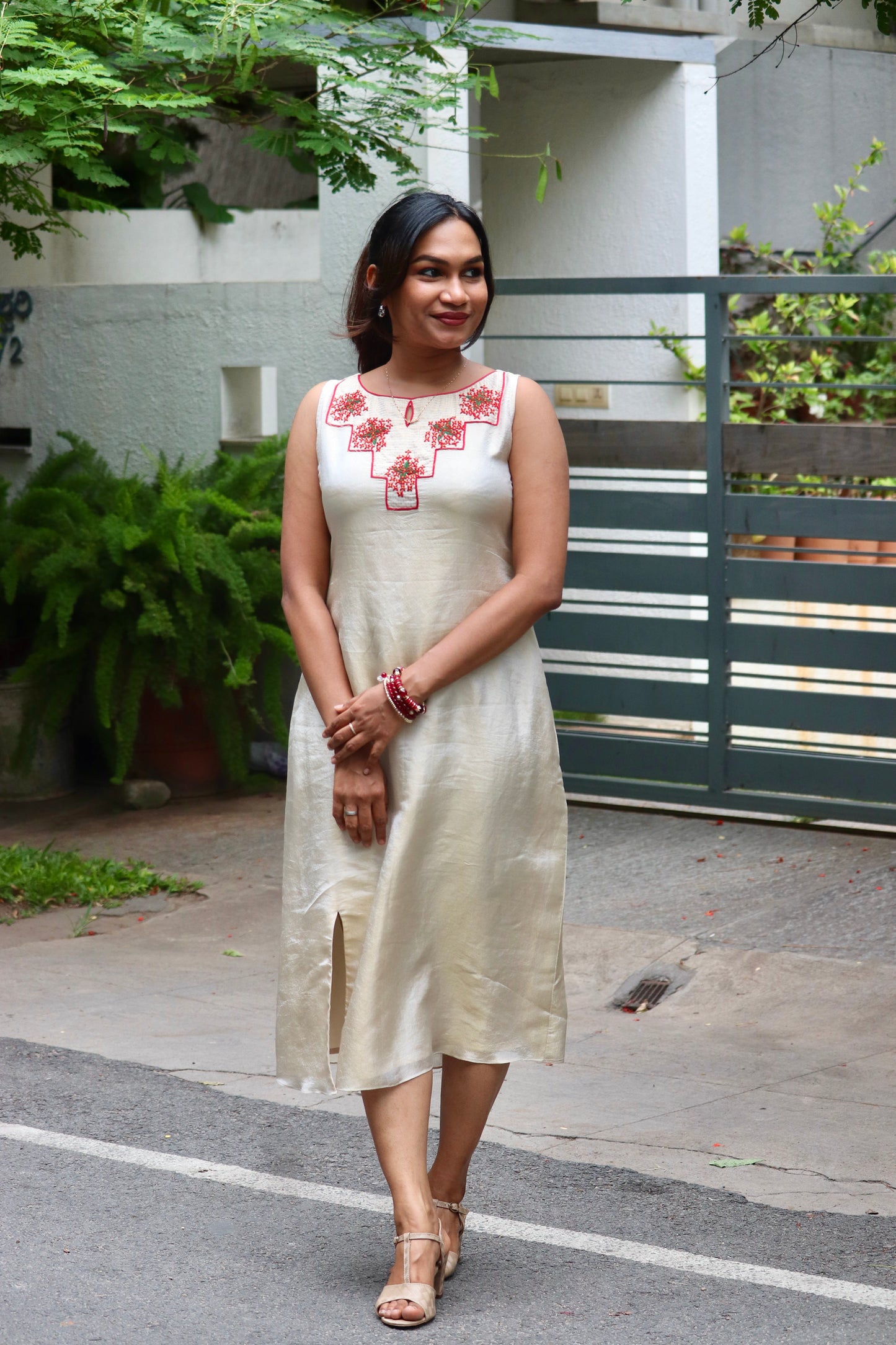 Chethipoo – Tissue A-Line Dress with Handcrafted Floral Yoke