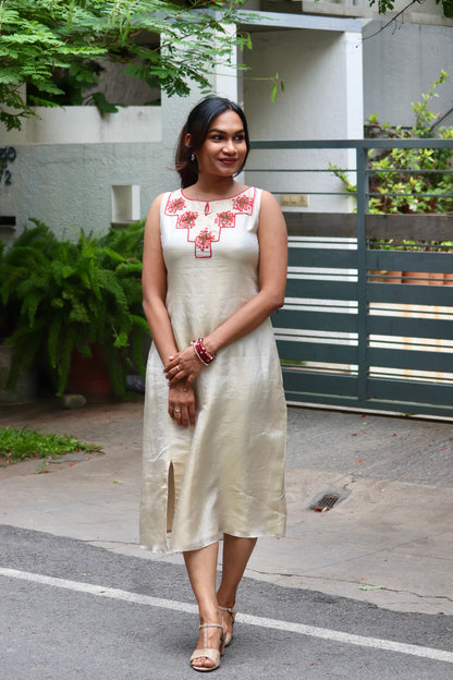 Chethipoo – Tissue A-Line Dress with Handcrafted Floral Yoke