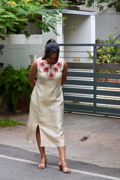 Chethipoo – Tissue A-Line Dress with Handcrafted Floral Yoke