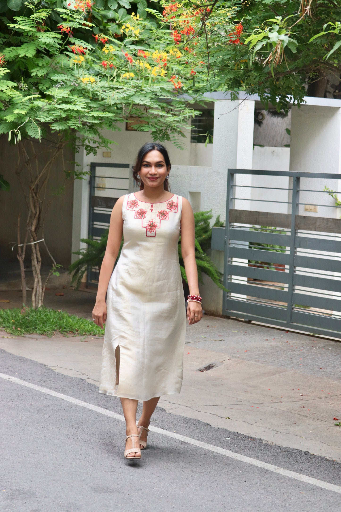 Chethipoo – Tissue A-Line Dress with Handcrafted Floral Yoke