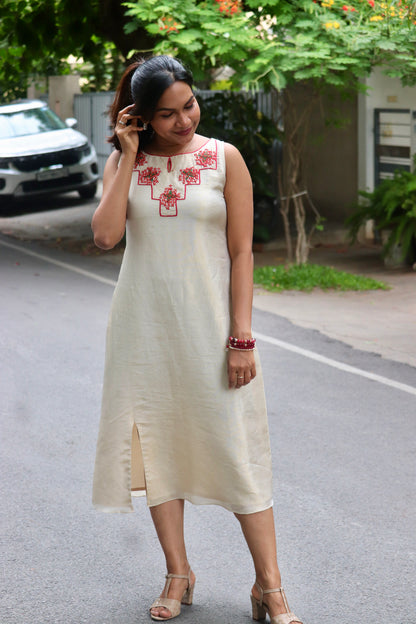 Chethipoo – Tissue A-Line Dress with Handcrafted Floral Yoke
