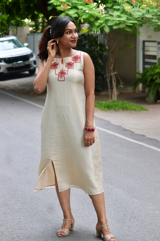 Chethipoo – Tissue A-Line Dress with Handcrafted Floral Yoke