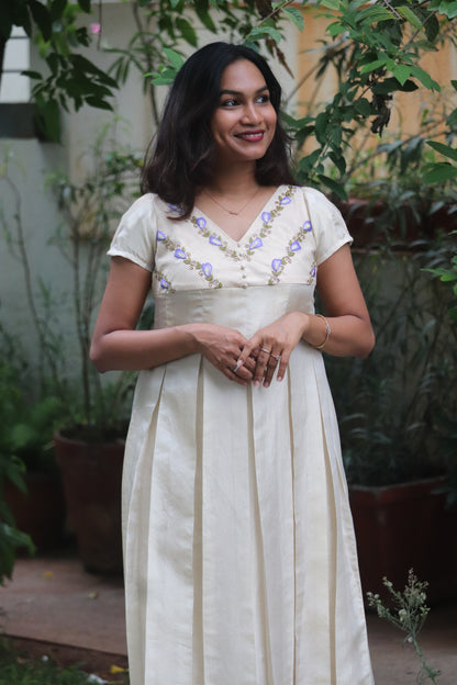 Shankupushpam - Floral embroidered box pleated dress