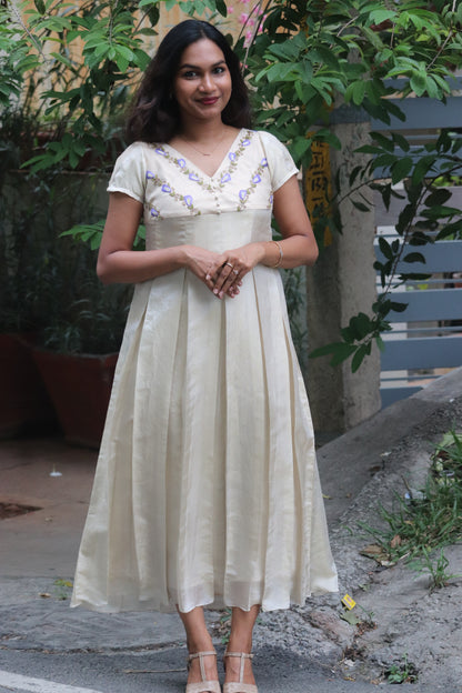 Shankupushpam - Floral embroidered box pleated dress