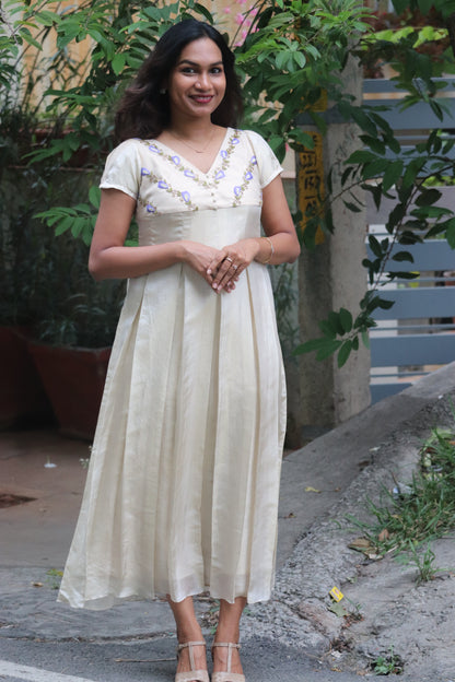 Shankupushpam - Floral embroidered box pleated dress